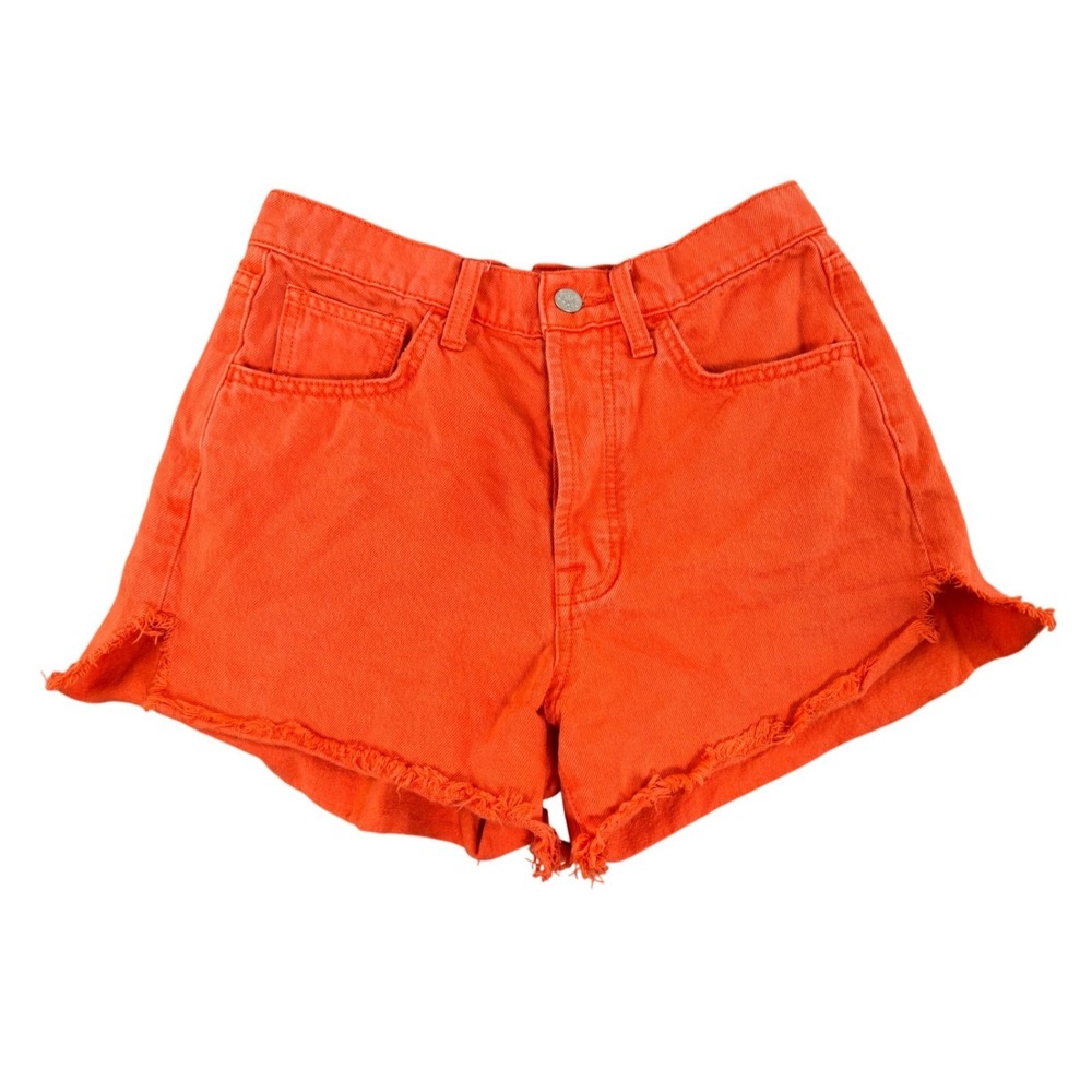 7 For All Mankind The Easy Ruby Orange Denim Distressed Raw Hem Shorts Size 28